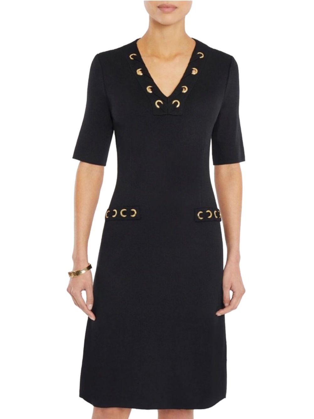 NWT Ming Wang Grommet Lace Up Knit Dress Black Gold Hardware Small LBD